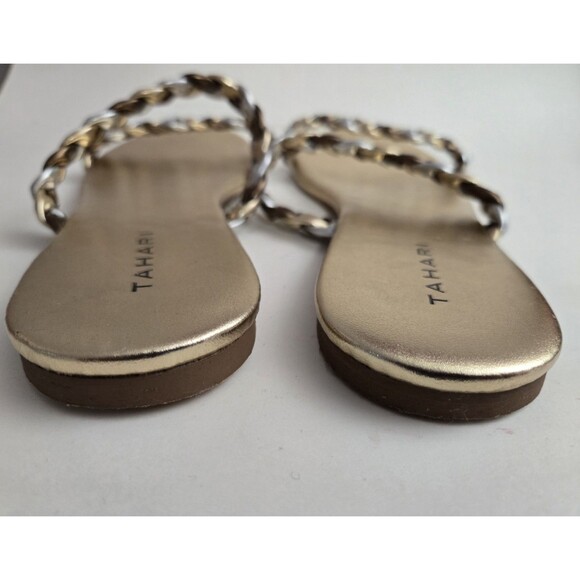 Tahari Size 8 Metallic Gold Slide Sandals Braided Gold Silver Strap Flat Slip on - Picture 4 of 7